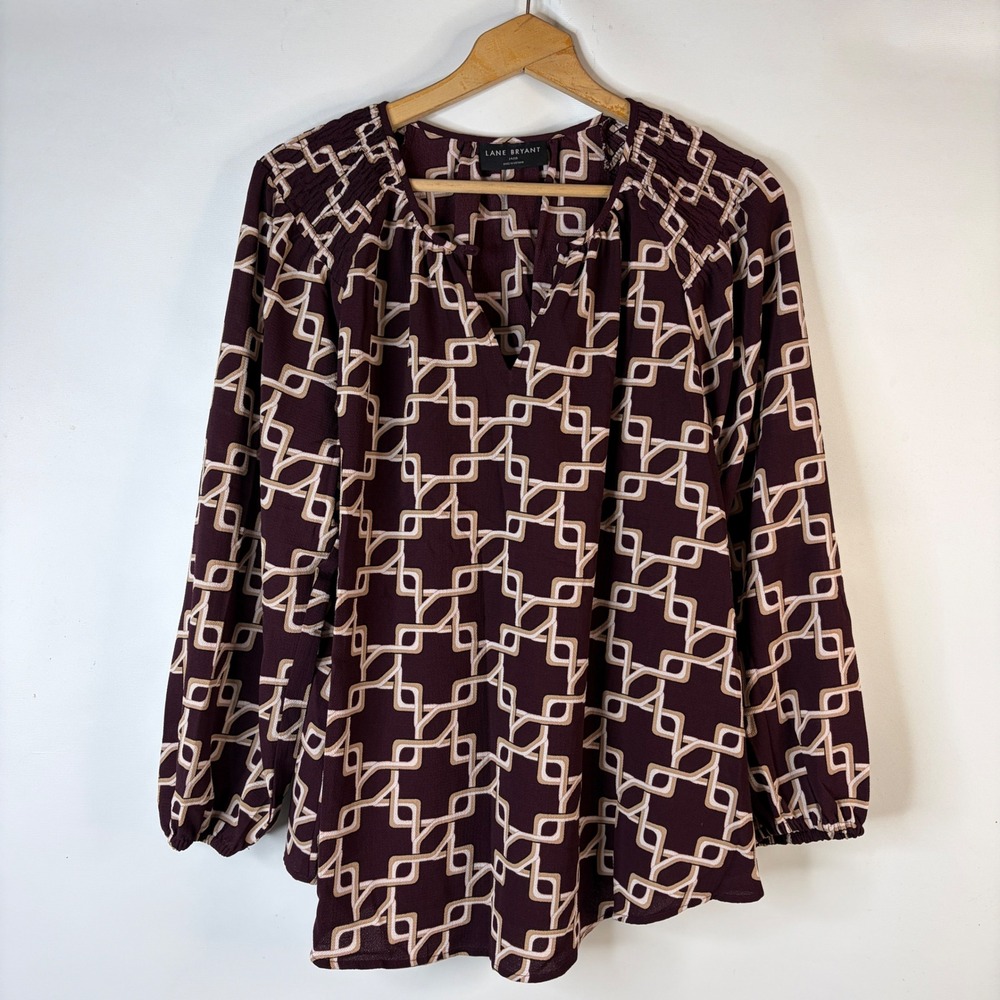Lane Bryant Blouse Women 14/16 Burgundy Geometric Smocked V-Neck Top